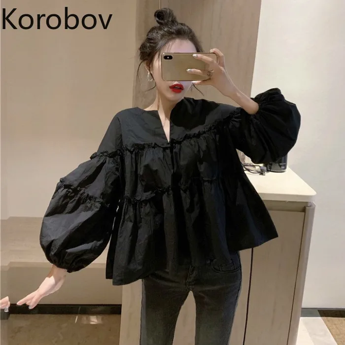 

Korobov 2019 Summer New Puff Long Sleeve Women Shirt O-Neck Wrinkle Black Shirt Korean Casual Kawaii Loose Mujer Blusas 77227