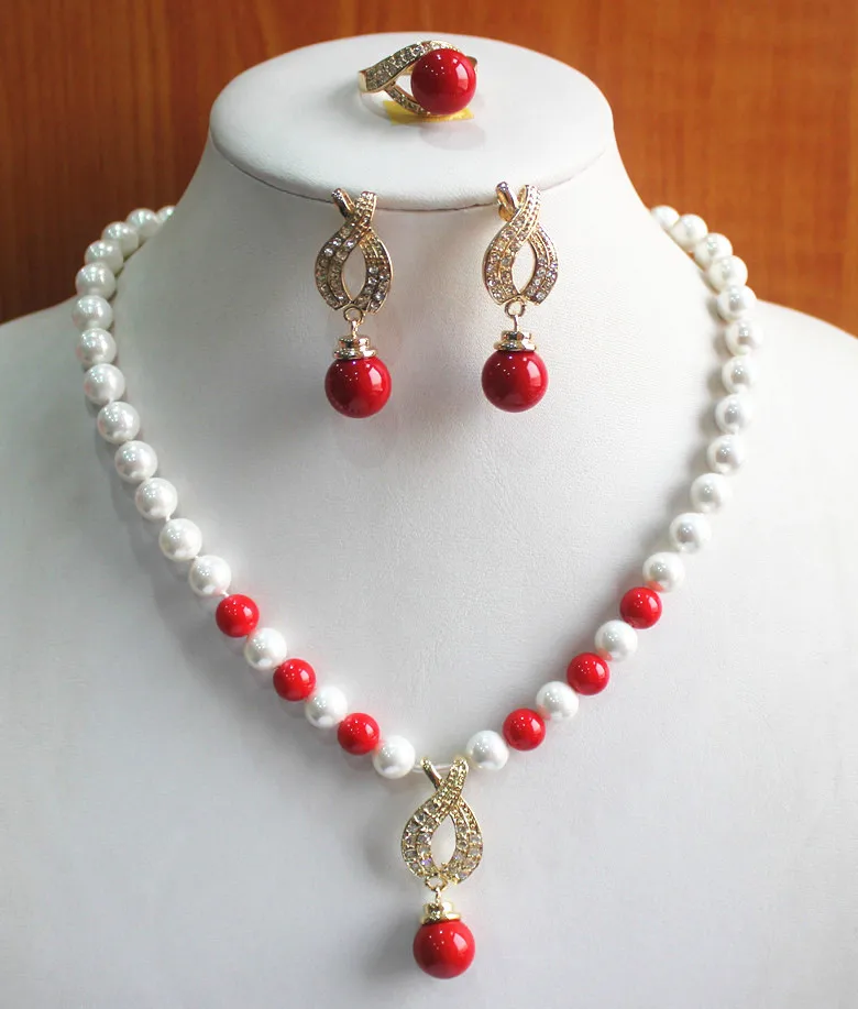 

Women's Wedding engagement! Wholesale Women's 8mm white pearl mixed red coral Necklace earring 7/8/9) real silver-jewelry