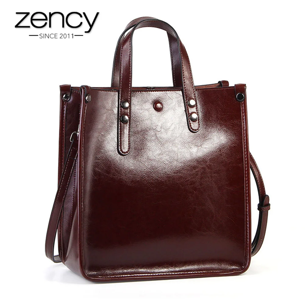 Zency Women Casual Tote 100% Genuine Leather Brown Handbag Retro Crossbody Messenger Purse For Lady