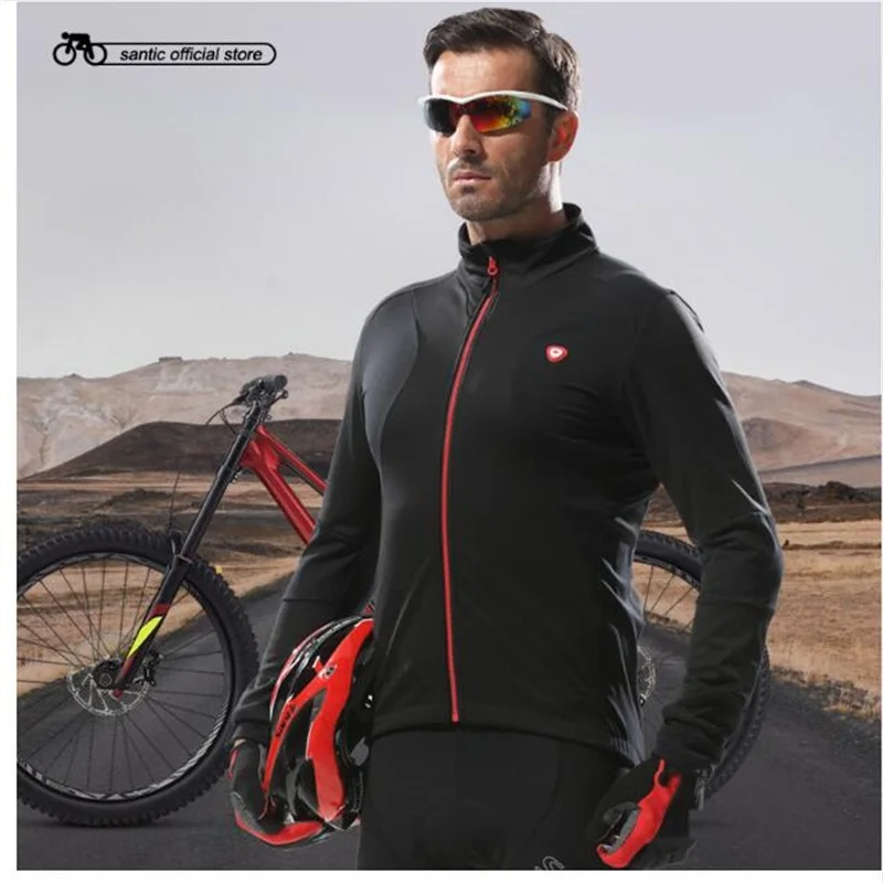 Santic футболки для велосипедиста Для мужчин Термальность флисовый пуловер с длинным рукавом и Велоспорт куртка ветрозащитная на молнии во всю длину теплая велосипедная куртка