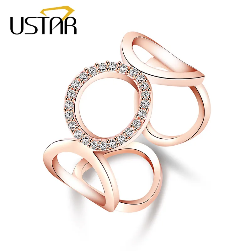 

USTAR Hollow out Round Crystals wedding Rings for women AAA Zircon finger Engagement ring female Jewelry Opening adjustable size