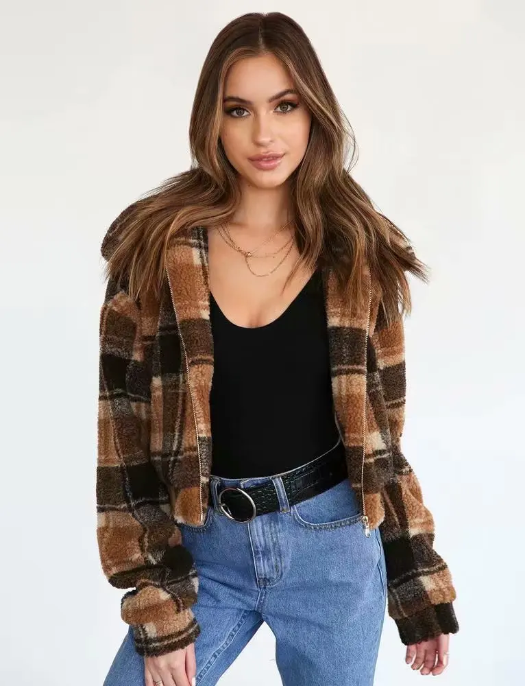 

Women Clothes 2019 Autumn and Winter New Imitation Lamb Hair Vintage Brown Plaid Woolen Short Coat Jacket Women