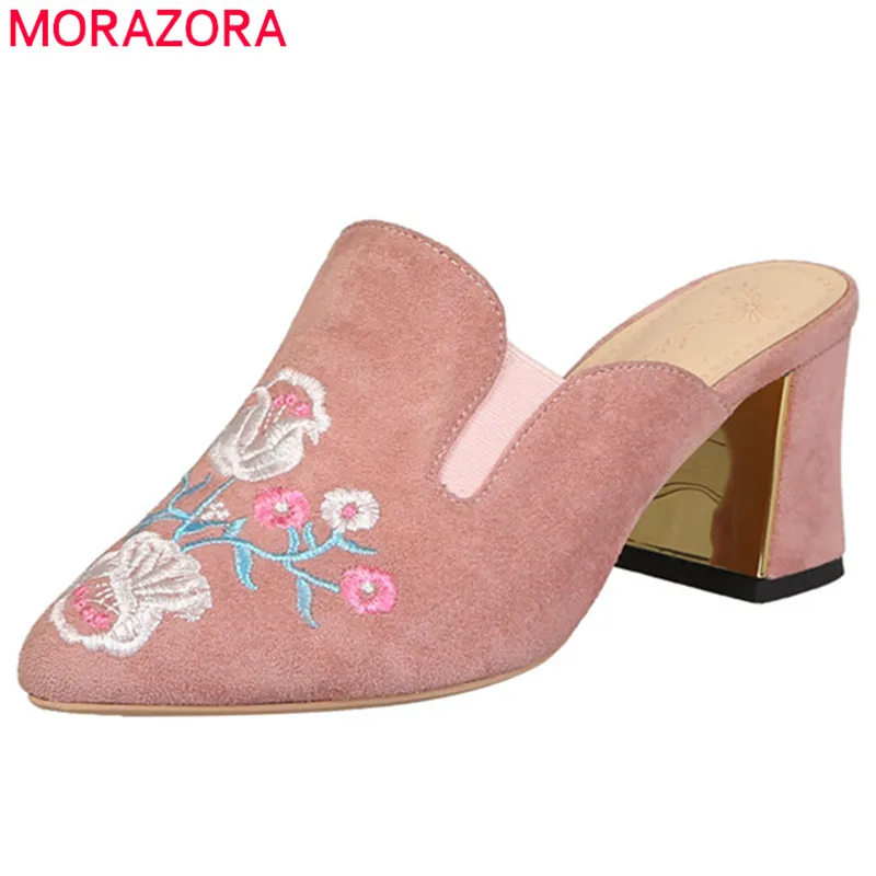 

MORAZORA 2019 wholesale plus size 46 women pumps flock pointed toe embroider elegant high heels mules shoes woman prom shoes