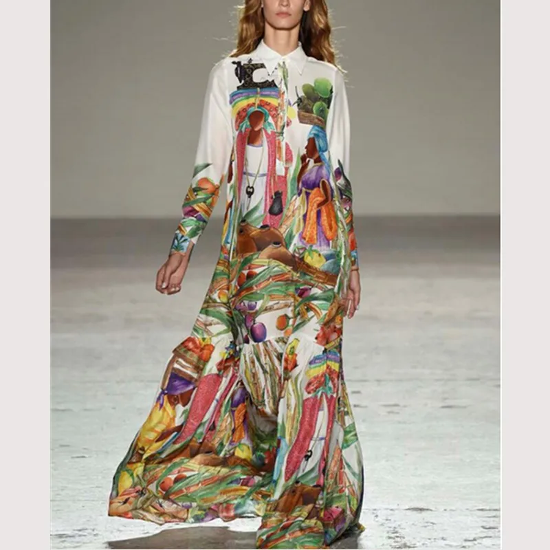 

Woman dress New 2019 European American Runway Countryside Style Long Sleeve Turn-Down Collar Floor-Length Fruit Print Maxi Dress