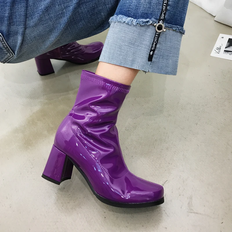 

Patent Leather Boots Children's Round Head Thick With Short Boots Women Spring And Autumn 2018 New Purple Chic Martin Boots