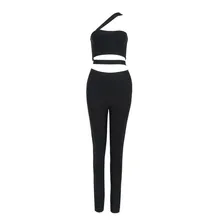 2016 New Sexy Rayon Black One Shoulder Cut Out Bandage Full Length Jumpsuits AA-704