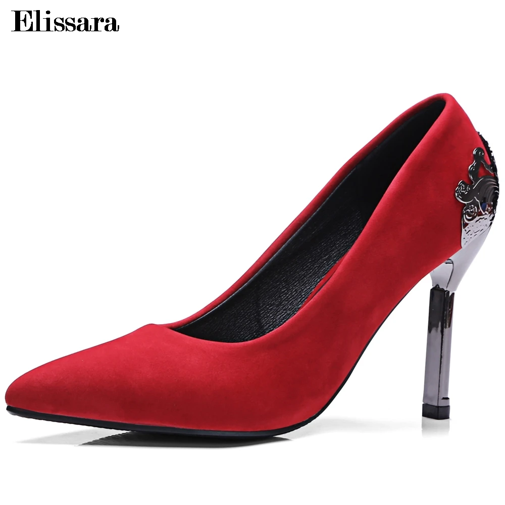 

Elissara Plus Size 32-43 Woman High Heel Pumps Shoes for Woemn Flock Pointed Toe Black Red Green Party Shoes