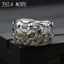 Thai Silver Personality Retro Style Ring Domineering Carved Gluttonous Men’s 100% Sterling Silver 925 Jewelry 14mm Width