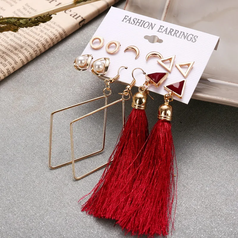 Belleper New Design Tassel Earring Sets Women Geometric Bohemian Gold Flower Long Tassel Earring Set Fashion Wedding Jewelry