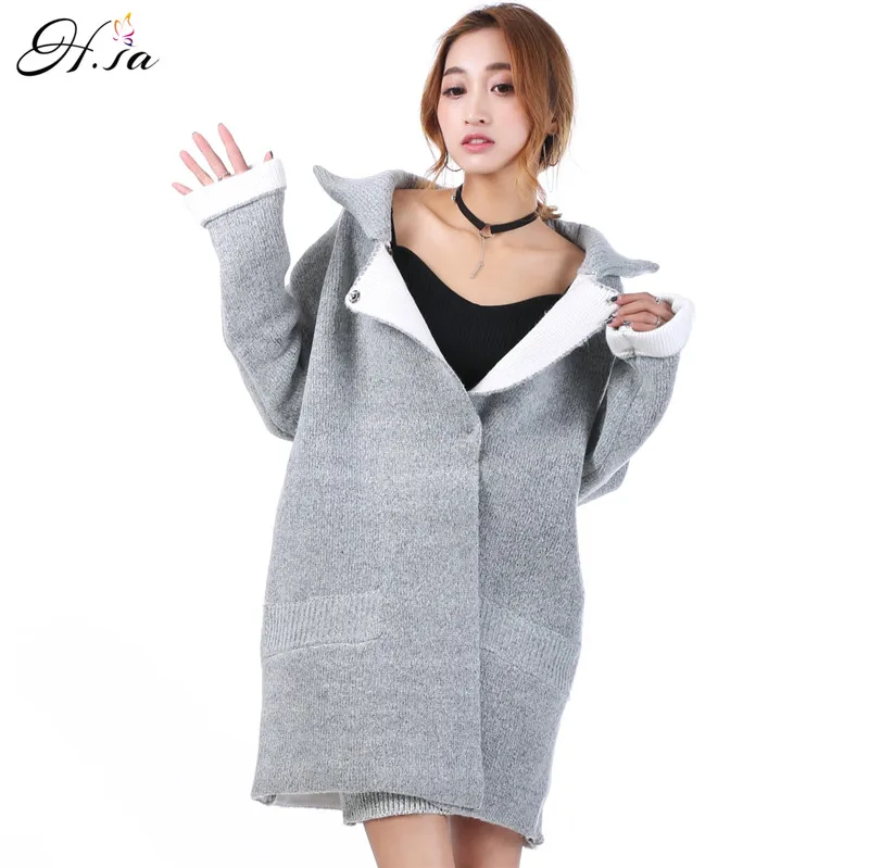 H SA 2016 Women Winter Sweater Coat Turn Down Collar Winter Cardigans Poncho Femme Gray Sweater Coat Warm Cardigans Sueter Mujer
