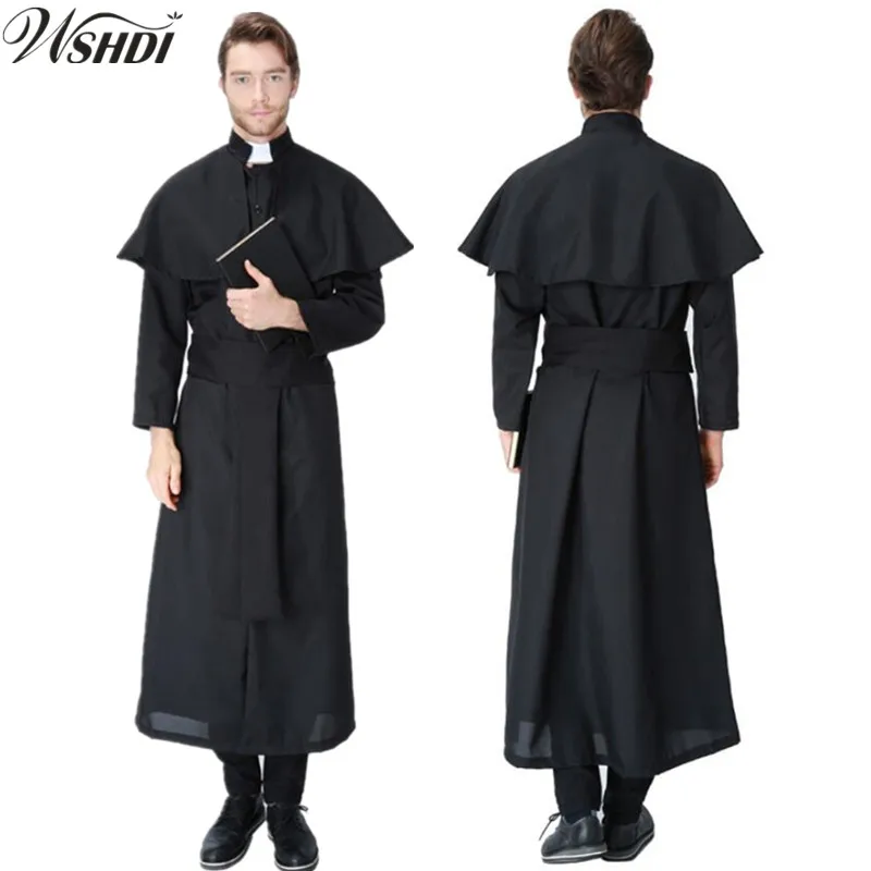 Black classic Priest Costumes Adult Mens Halloween Cosplay Costumes European Religious Men
