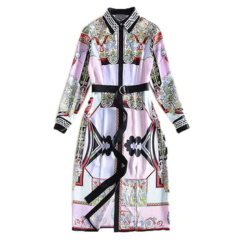

XF 2018 Spring Fashion Designer Runway Summer Dresses Women Long Sleeve Lapel Belt Button Angel Court Print Casual Dress