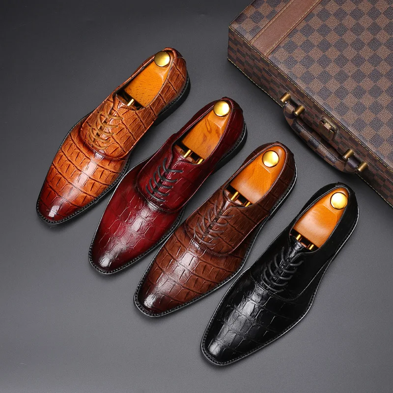 

Elegant Italian Design Men Leather Formal Shoes Pointed Toe Crocodile Pattern Leather Men Wedding Dress Shoes Luxury Men Oxfords