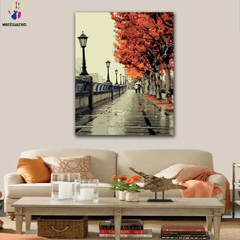 

DIY Coloring paint by numbers Red maple tree in the autumn street figure paintings by numbers with kits 40x50 framed