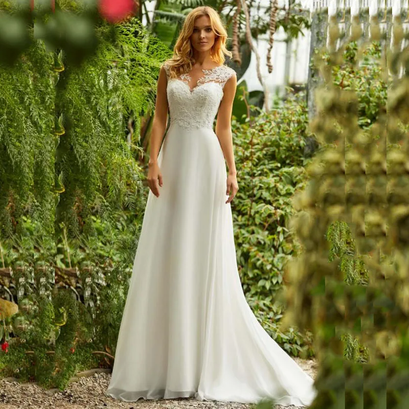 

LORIE Boho Wedding Dress O-Neck Appliques Lace Top A Line Vintage Princess Wedding Gown Chiffon Skirt Beach Bride Dress 2019 Hot