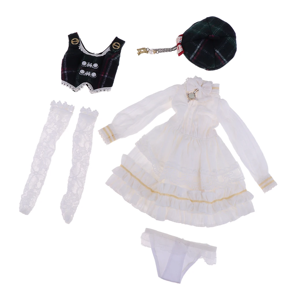 5pcs White Princess Long Sleeve Skirt Waistcoat Suit Formal Party Accs for 1/4 BJD Doll