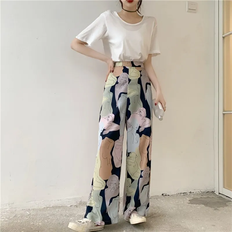 

Vintage Beach Long Pant Suit Summer Women White T-Shirt High Waist Wide Leg Trousers Two Piece Set