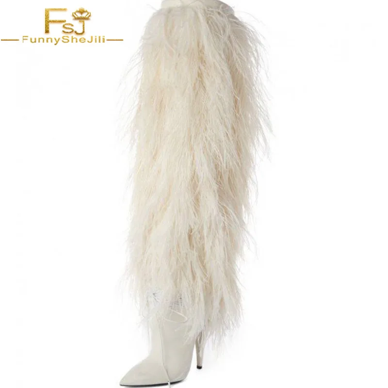 

Solid White Fur Boots Winter arty Music festival Going out Red carpet Super High Thin Heel Pointy Toe Cone Heels Knee-high Boots