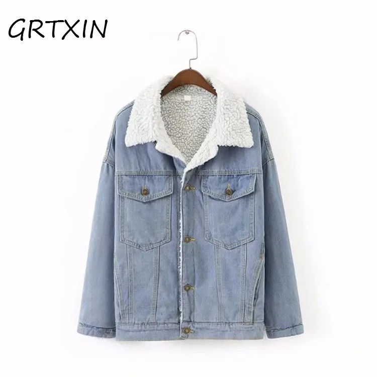 Winter Fur Denim Jacket Women Bomber Jacket Blue Jeans
