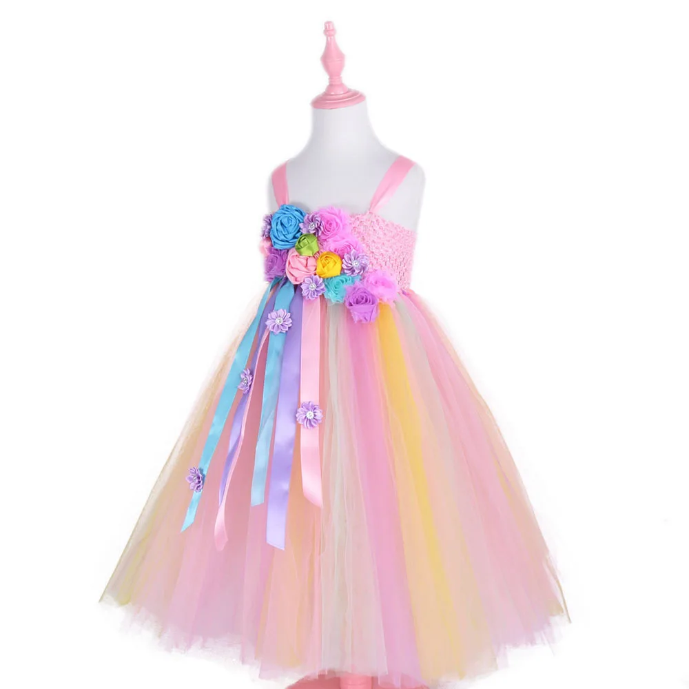 Костюм единорога для девочек; Радужный костюм принцессы с цветами для Хэллоуина; Свадебные платья-пачки для девочек; vestidos fantasia