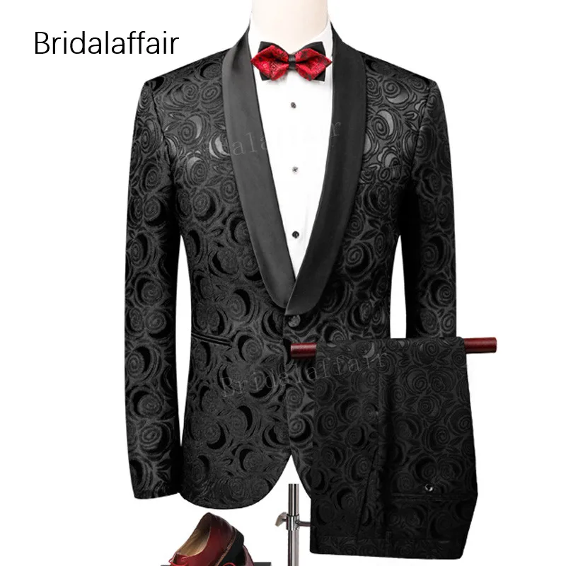 

KUSON Mens Suits Fashion Party Prom Wedding Tuxedos For Men Slim Fit Black Printed Men Suit Blazer With Pants 2 Pieces Set 2018