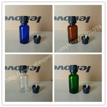 

30ml brown/clear/blue/green shiny Glass Essential Oil Bottle With black plastic anti-theft cap+plastic insert. Oil vial