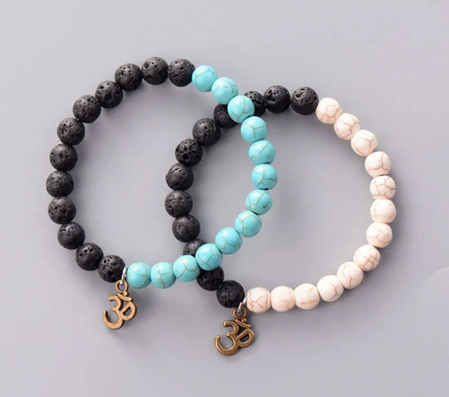 

8MM Stones Lava Rock Beads Antique OM Charm Elastic Bracelets Stretch Boho Mala Bead Bracelet Tibetan Bracelet Pulseiras