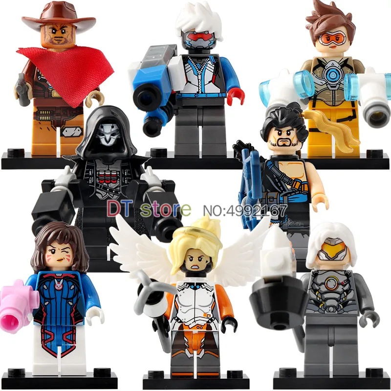 

50PCS/LOT OW Tracer Figure Reaper Mercy Shimada Reinhardt Wilhelm D.Va Hanzou Set Jesse Building Blocks Children Toys X0230