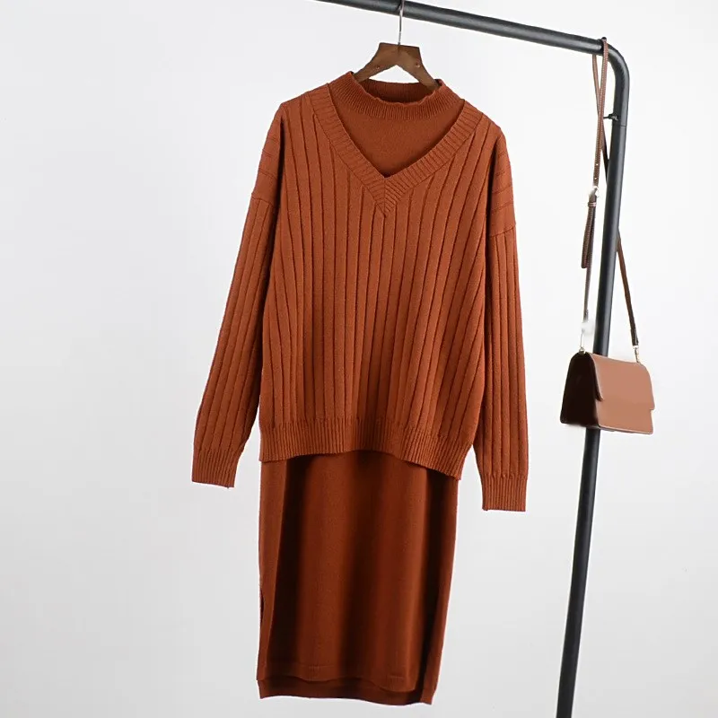 

2018 Autumn Women Knit Pullover Sweater Coat Set Solid Two Piece Sleeveless Knitted Dress Set Split Dress Sweater Set