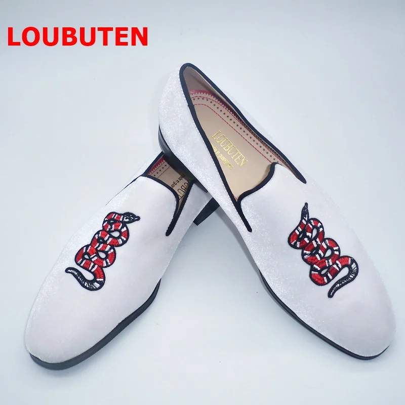 LOUBUTEN White Velvet Shoes Embroidery Snake Loafers Men Handmade Slip On Party And Prom Dress Plus Size Smoking Slippers | Обувь