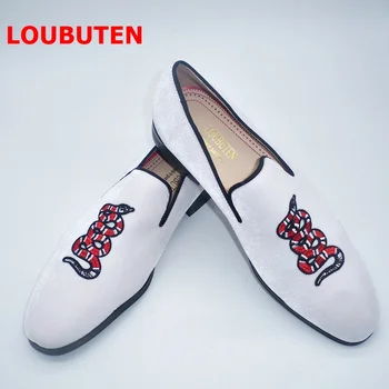 

LTTL Men White Velvet Shoes Embroidery Snake Loafers Men Handmade Slip On Party And Prom Shoes Plus Size Smoking Slippers