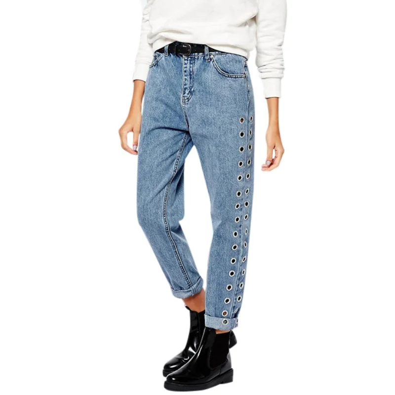 

Fashion Rivets Ripped High Waist Jeans Straight Eyelet Detail Boyfriend Denim Jeans Women Pants Female