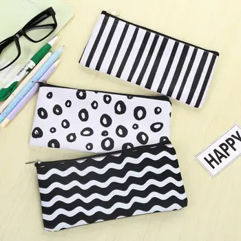 

Brief Black White Stripes Canvas Pencil Case Stationery Storage Organizer Bag School Office Supply Escolar