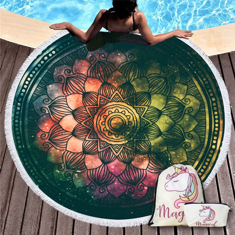 

Indian Vintage Mandala Beach Towel with Tassels Soft Large Beach Towels with Drawstring Backpack for Women Travel Yoga Mat