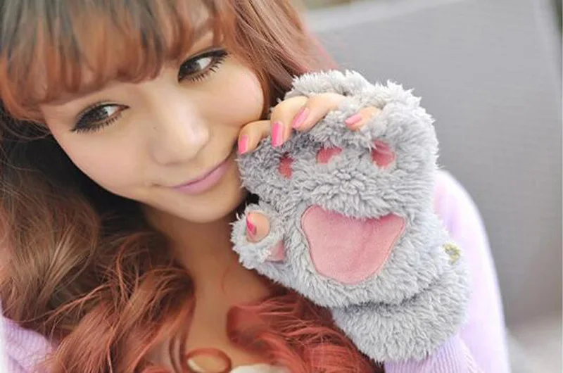 Winter cute cartoon cat girl mitt thickening fluff bear paw half finger gloves G22