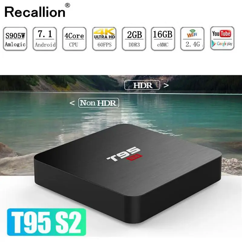 2019 RECALLION T95S2 Android tv BOX 3D Android 7,1 Smart tv Box 2 Гб 16 Гб Amlogic S905W четырехъядерный 2,4 ГГц WiFi телеприставка 1GB8GB