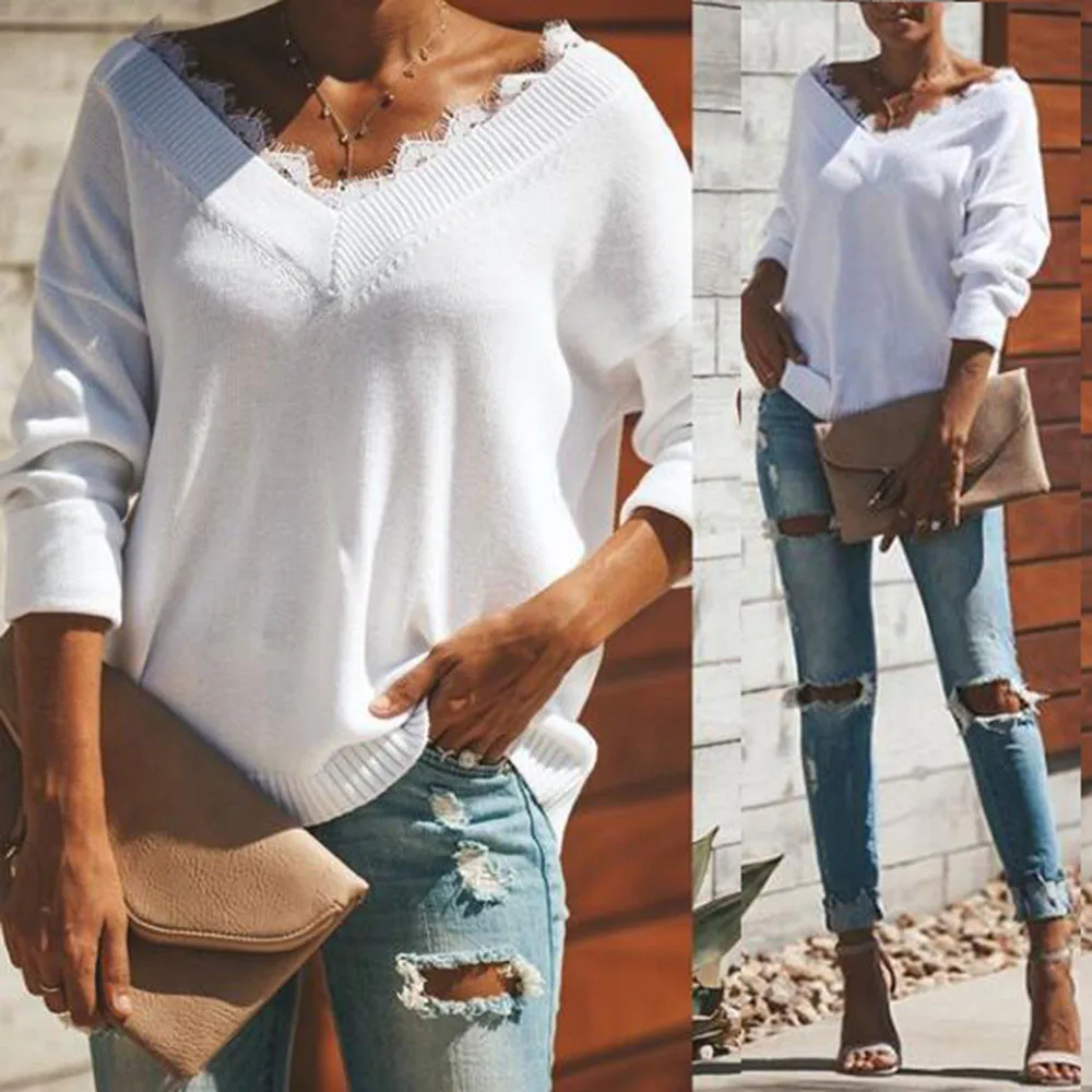 

YOUYEDIAN 2018 Women Solid Lace Patchwork Sweater Long Sleeve V-Neck knitting Sweater Tops