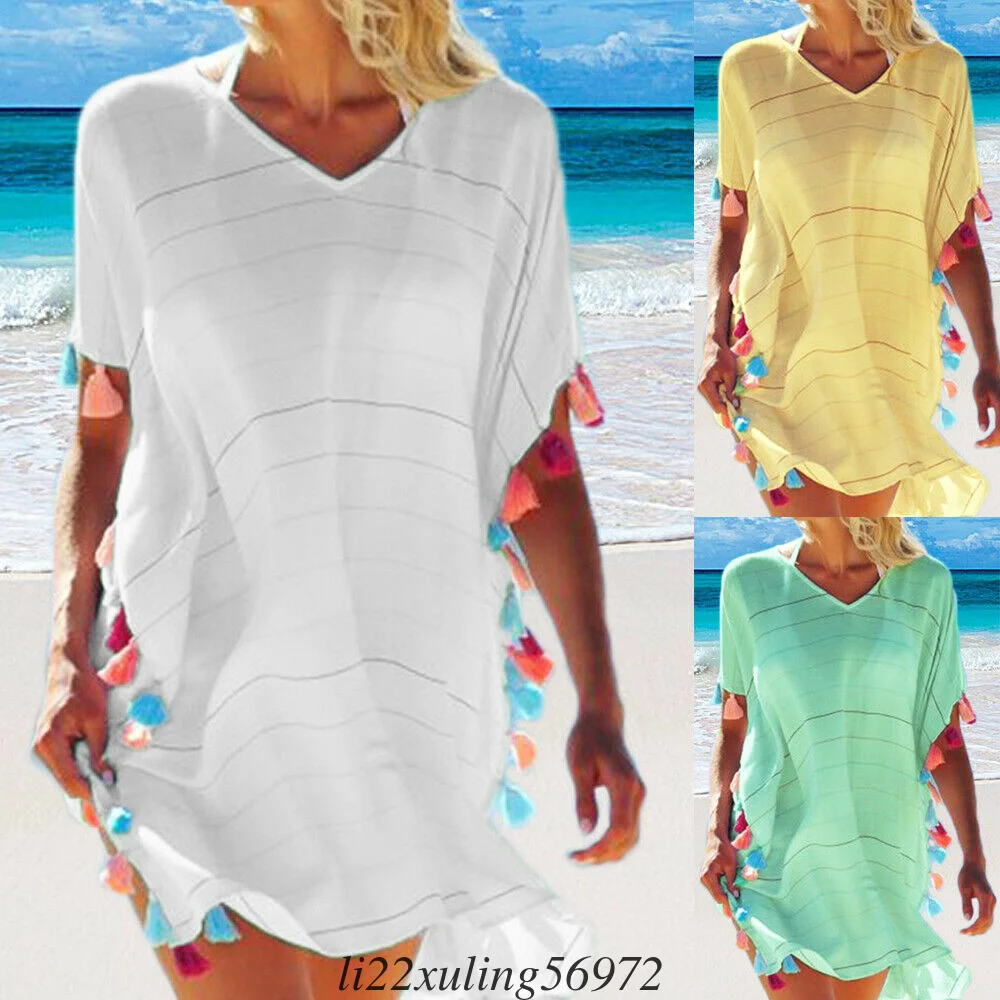 beach maxi dress with sleeves Women Holiday Beach Bikini Cover Up Boho Casual Party Sun Mini Dress Sundress swim skirt cover up no brief