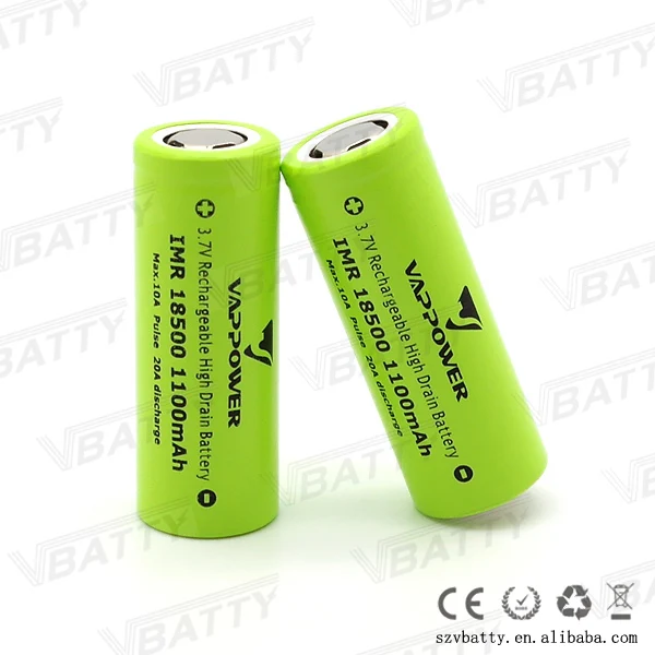 Vappower IMR 18500 1100 mah 20A 3,7 V литий-ионная аккумуляторная батарея с плоским верхом(1 шт