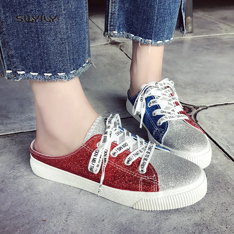 SWYIVY Half Slippers Canvas Sheos Woman 2018 Sequins Female Half-soled Casual Shoes Color Black Student Fashion Sneakers Shoes