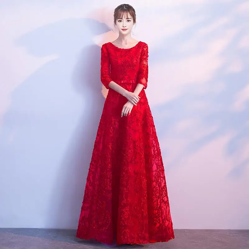 Китайский праздничный костюм элегантный 3/4 с длинными рукавами с буквенным принтом, длинная линия Азии невесты свадебное платье в пол Длина Платья для вечеринок Vestido De Festa - Цвет: Red Long