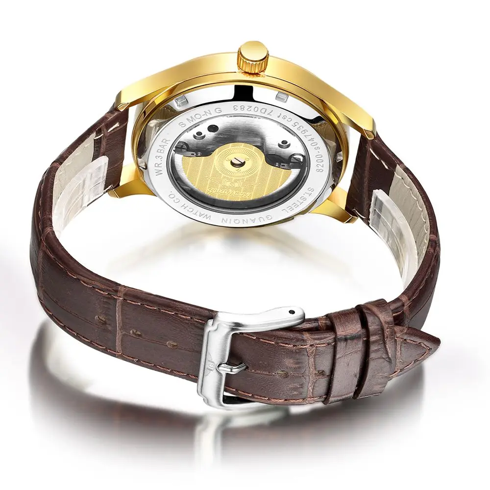 GUANQIN, мужские часы с автоматическим скелетом, водонепроницаемые часы, механические часы, золотые, двойное движение,, Erkek kol saati