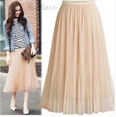 Новая летняя женская юбка Повседневная полиэстер с высокой талией модная плиссированная юбка Уличная Женская Повседневная Свободная черная юбка до середины икры