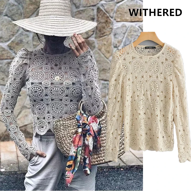 

Withered fashion blogger vintage knitted Crochet hook lace t shirt women harajuku tshirt camisetas verano mujer 2019 lace tops