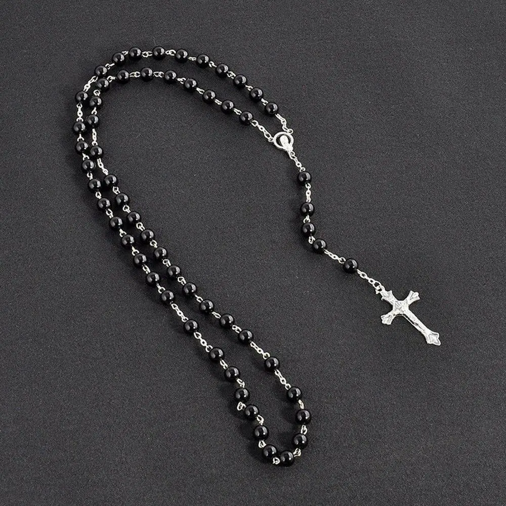 Rosary Handmade Round Glass Imitation Pearl Bead Alloy Cross Pendant Christian Catholic Religious Pendants Necklace