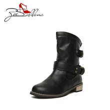 Zoe Saldana 2017 PU Leather Round Toe Buckle Vintage Female Ankle Woman Shoes Martain Boots