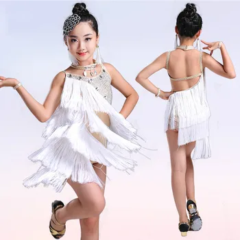 

Bright Diamonds Tassel Professional Latin Dance Dress For Girls Flamengo Children Competition Ballroom Dancing Dresses For Kids