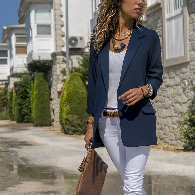 سترة النساء الخريف ملابس علوية بأكمام طويلة للربيع سترة الصلبة الجبهة مفتوحة ضئيلة معطف