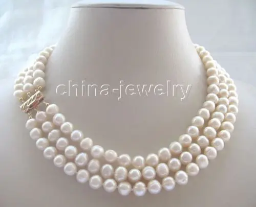 

FREE SHIPPING HOT sell new Style >>>>Beautiful 17-19" 3row 9mm white flaw round freshwater pearl necklace