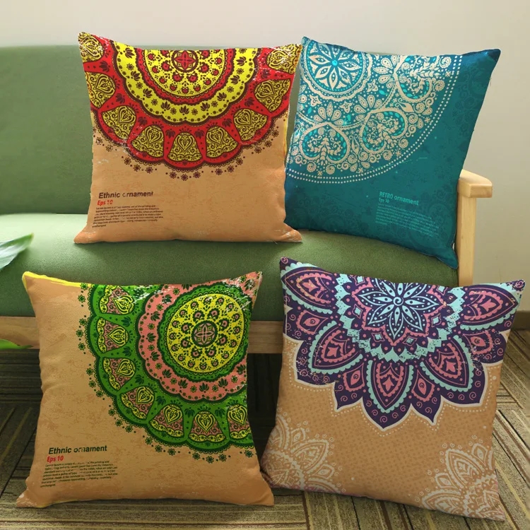 Southeast Asian Pastoral Pattern Blue Orange Cushion Cover Cotton Linen